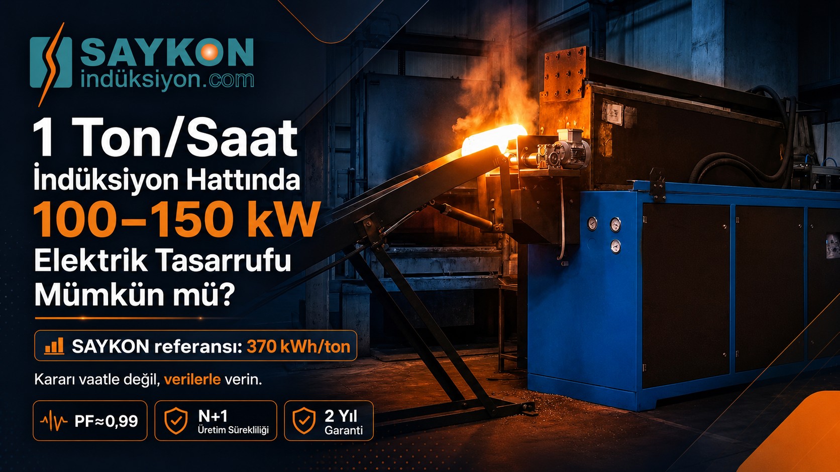 1 ton saatlik indüksiyon hattında 100–150 kW elektrik tasarrufu ve SAYKON 370 kWh/ton referansı
